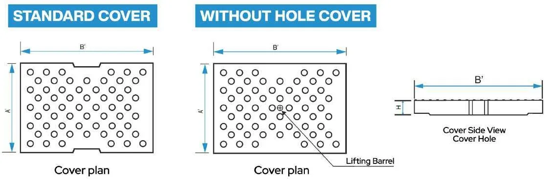 T6 U Shape Drain (Light) technical drawing — Cover plans: standard cover and without-hole cover (with lifting barrel), dimensions A′ × B′, plus cover side view showing thickness H.