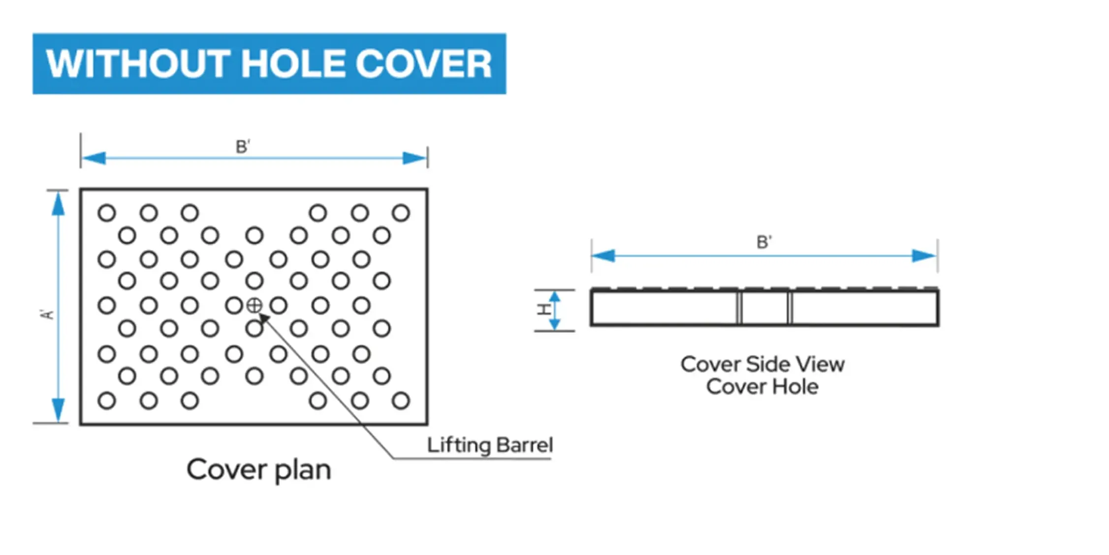 T25 U Shape Drain (Heavy) technical drawing — Without-hole cover plan (A′ × B′) with lifting barrel, and cover side view showing width B′ and thickness H.