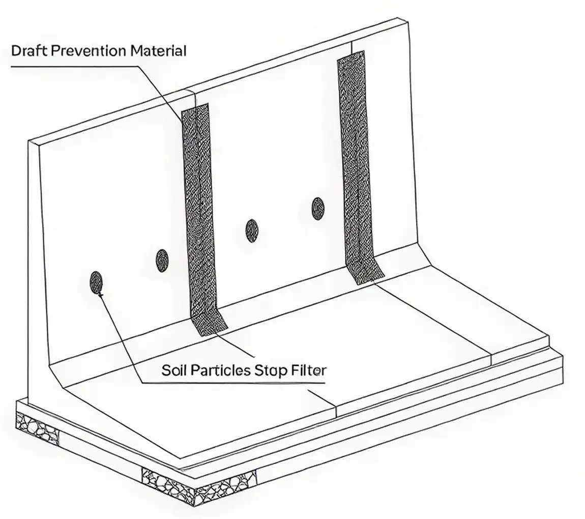 Isometric foundation detail of the precast earth retaining wall: adjacent L units with joint strips and a stop filter