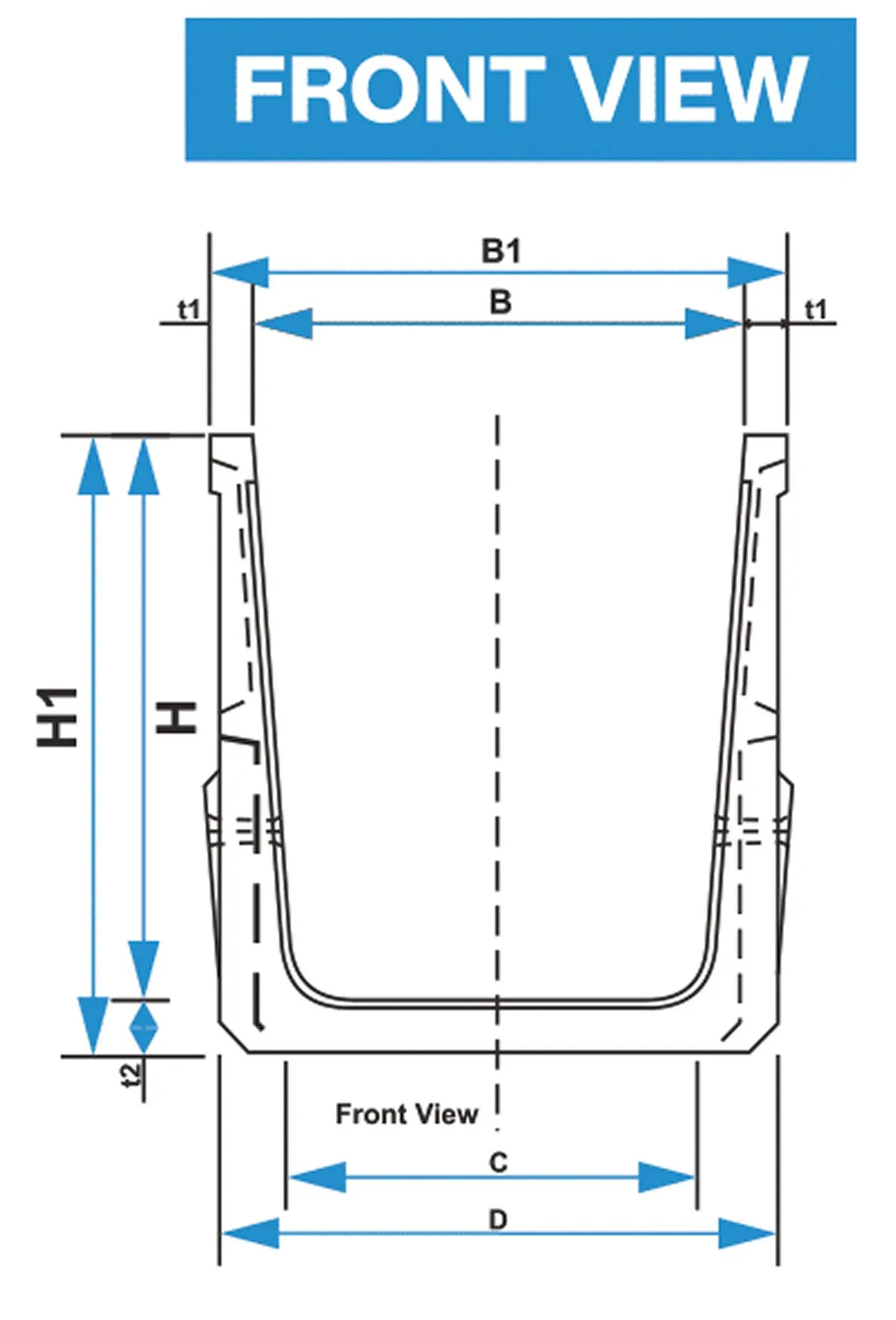 FT Flume Precast U Drain technical drawing — Front view — dimensions B1, B, t1 (top), H1, H, t2 (height) and C, D (bottom).