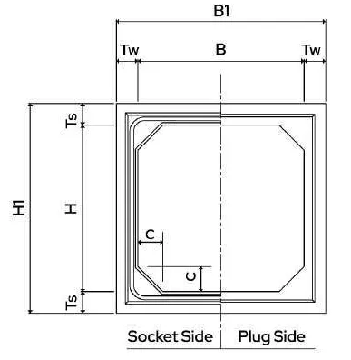 Box Culvert technical drawing — Front view: inner opening B × H, outer size B1 × H1, side wall thickness Tw, slab thickness Ts and internal corner haunch C. Left half shows the socket side, right half the plug side.