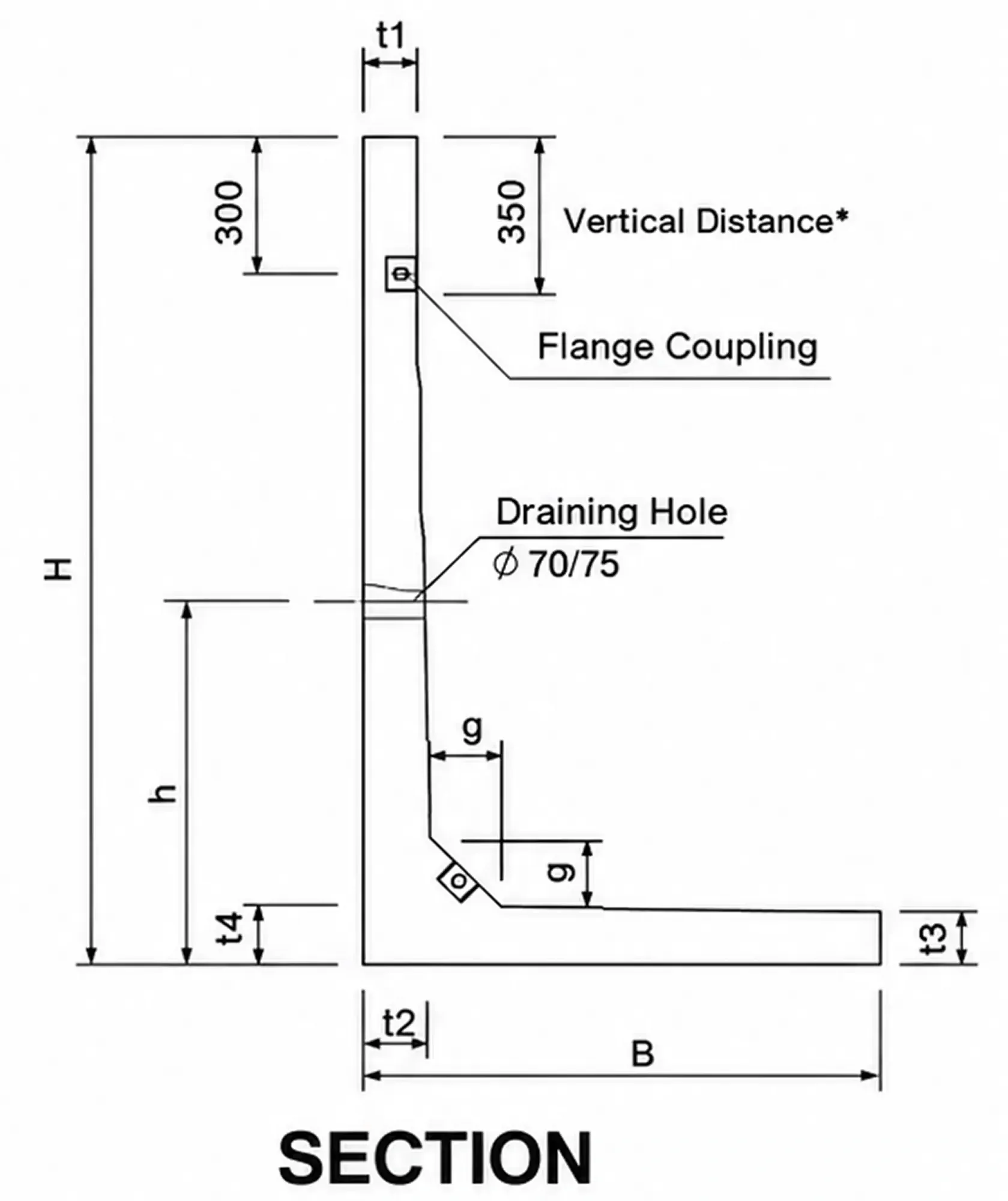 Earth Retaining Wall technical drawing — Section, tapered profile (stem tapers from t1 at the top to t2 at the base; base slab from t4 at the stem to t3 at the heel): a 300 dimension and a 350 "Vertical Distance*" dimension from the top of the stem, the flange coupling, the Ø70/75 draining hole at height h, and haunch g.