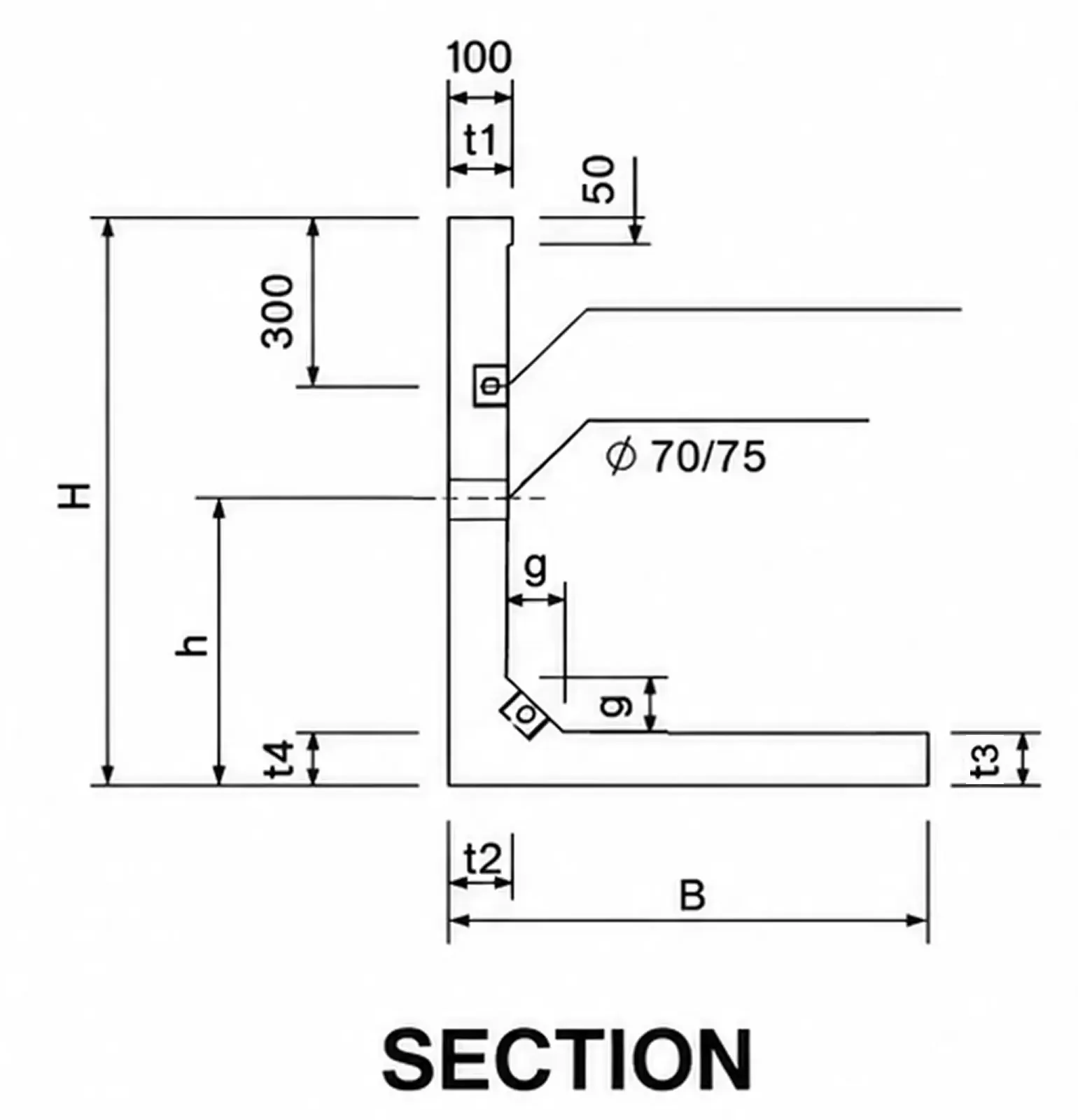 Earth Retaining Wall technical drawing — Section, uniform profile (stem t1 = t2, base t3 = t4): H, h, B, t1–t4, haunch g, Ø70/75 draining hole, flange coupling symbols, a 300 dimension from the top of the stem, and the 100 / 50 marks at the top of the stem.