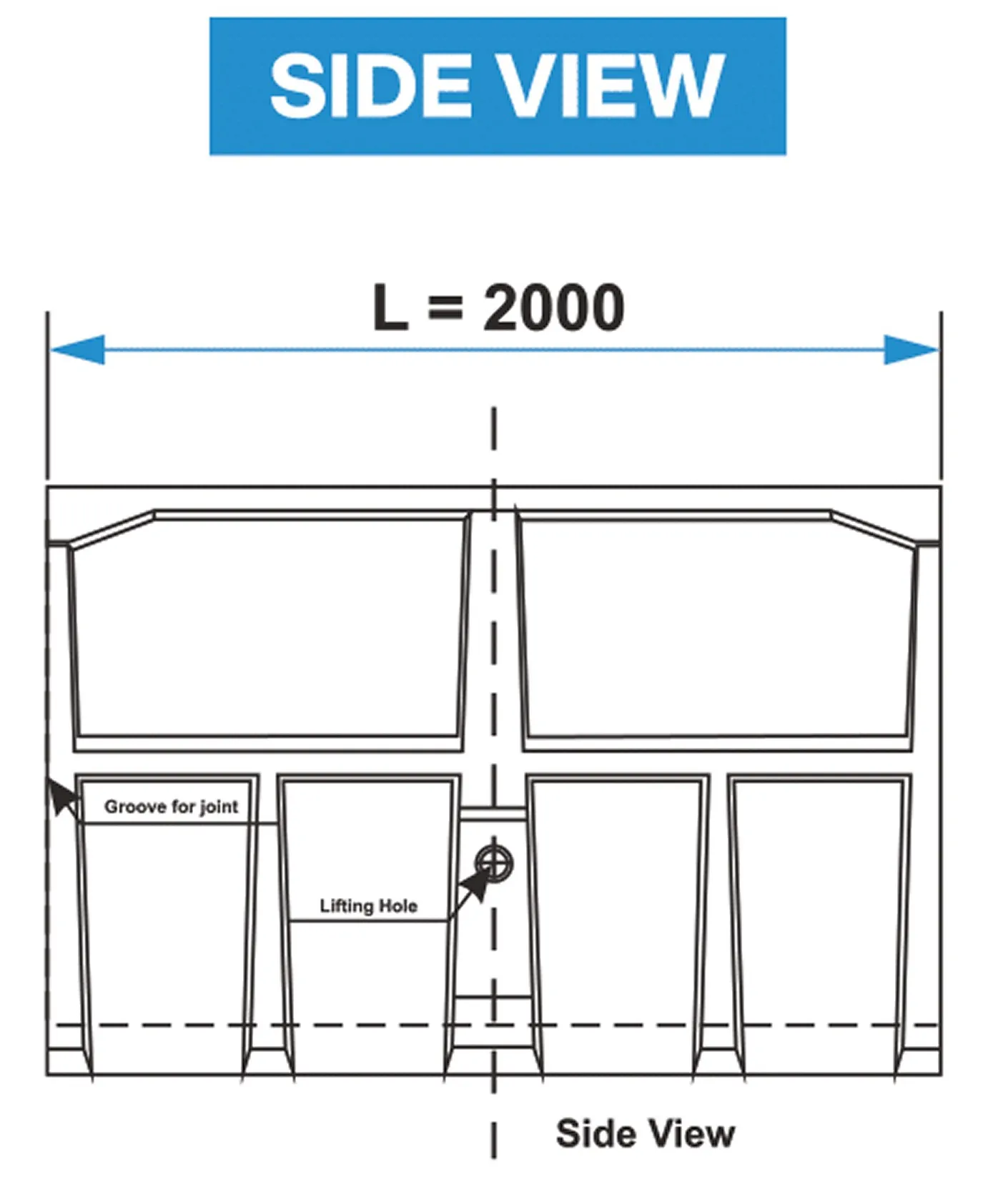 FT Flume Precast U Drain technical drawing — Side view — unit length L = 2000 mm, groove for joint at the end faces and central lifting hole.