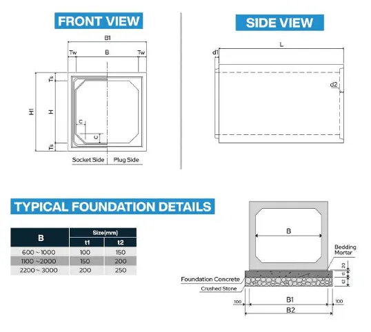 Box Culvert technical drawing — Front view, side view and the Typical Foundation Details table and section.
