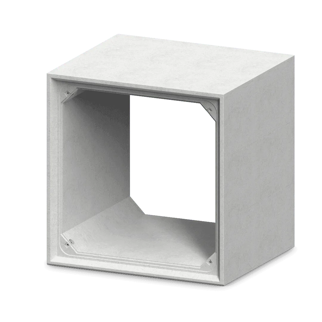 Precast RCC box culvert in three-quarter view, looking into the closed rectangular opening