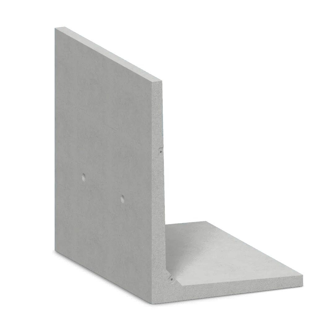 Precast RCC earth retaining wall L unit in three-quarter view: the tall stem rising from the base slab